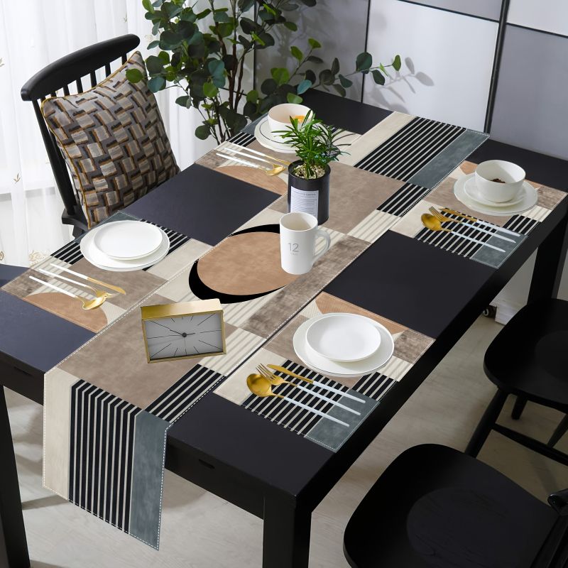Retro Earth Color Geometric Ta - Linen Table Runner 评论和价格