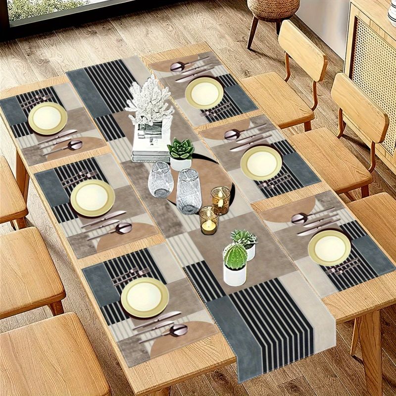 Retro Earth Color Geometric Ta - Linen Table Runner 评论和价格