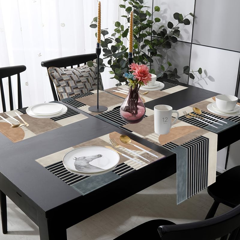 Retro Earth Color Geometric Ta - Linen Table Runner 评论和价格