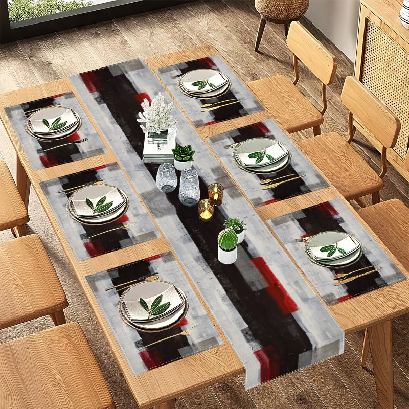 Modern Art Contrasting Abstrac - Linen Table Runner 评论和价格
