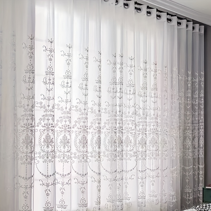 1pc White Embroidered Sheer Cu - Yarn Home Decor 评论和价格