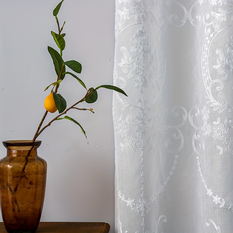 1pc White Embroidered Sheer Cu - Yarn Home Decor 评论和价格